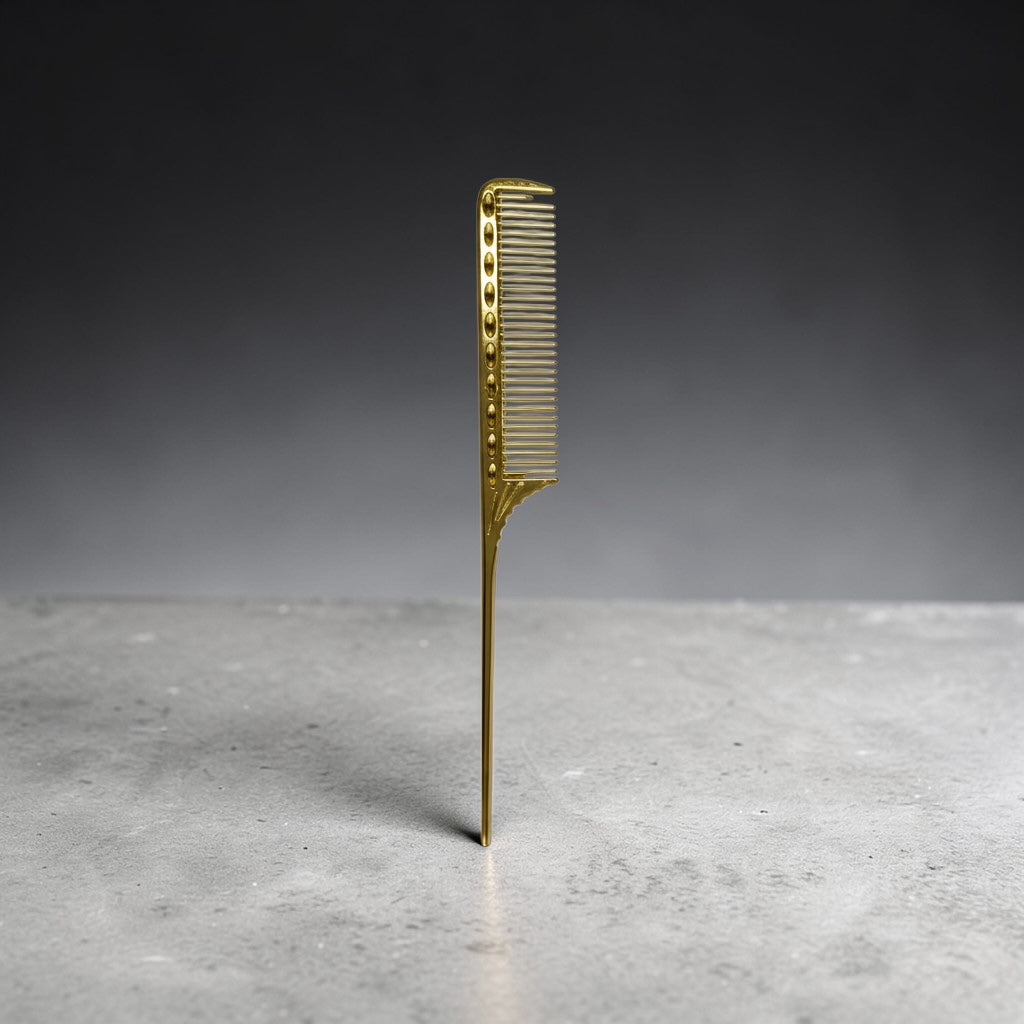 Gold comb on a gray surface with a dark background