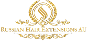 Logo for Russian Hair Extensions AU with ornate design on a black background